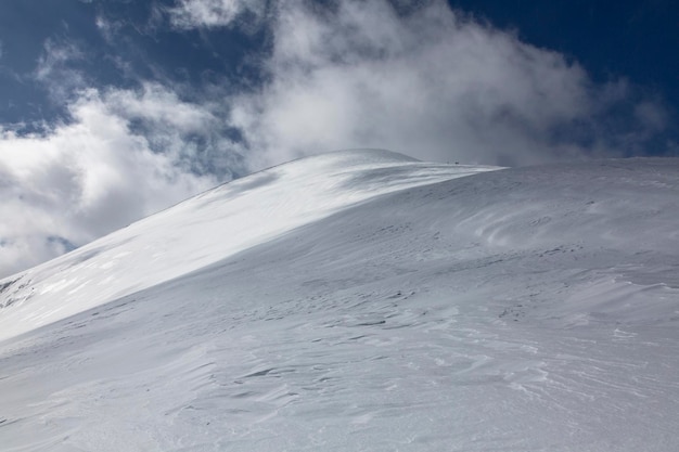 The white snowy mountains are visible under the cloudy sky