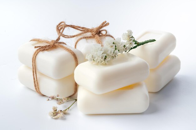 White soap bars isolated on white background, close up