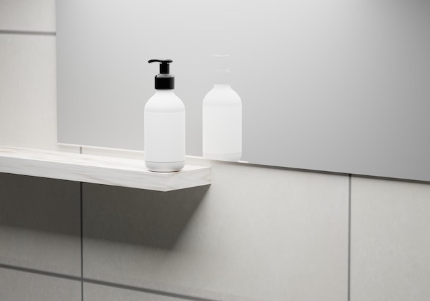 A white soap bottle with a pump sits on a shelf in the bathroom. 3d render of white bottle with soap