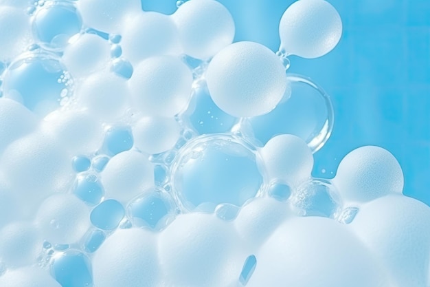 White soap bubbles on blue background macro view shallow depth of field