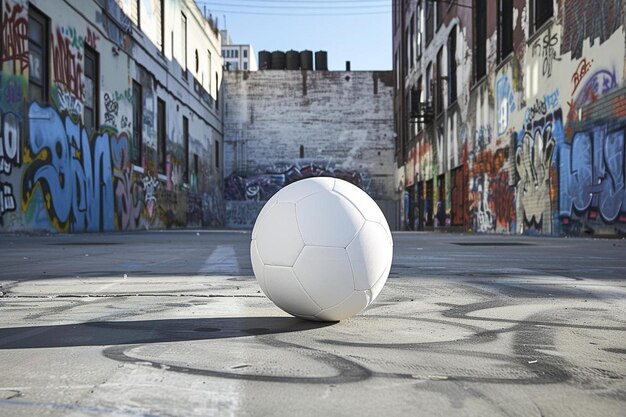 a white soccer ball sitting on top of a cement floor