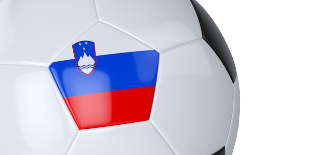 White soccer ball with flag of Slovenia on a white background Isolated Close up 3D illustration