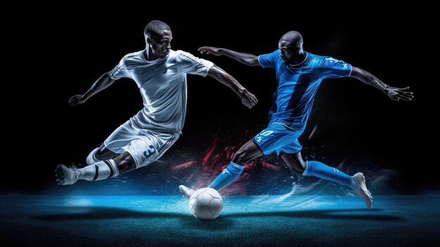 white soccer player and blue player photo on dark background
