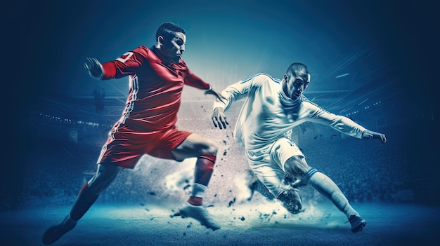 white soccer player dribbling other red soccer player active play on field