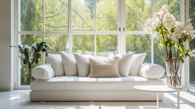 Белый диван напротив окна от пола до потолка