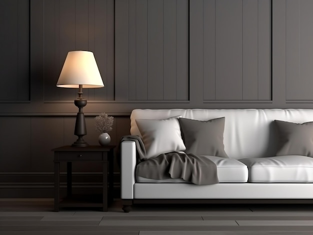Фото Белый диван и столовая лампа в темно-серой комнате