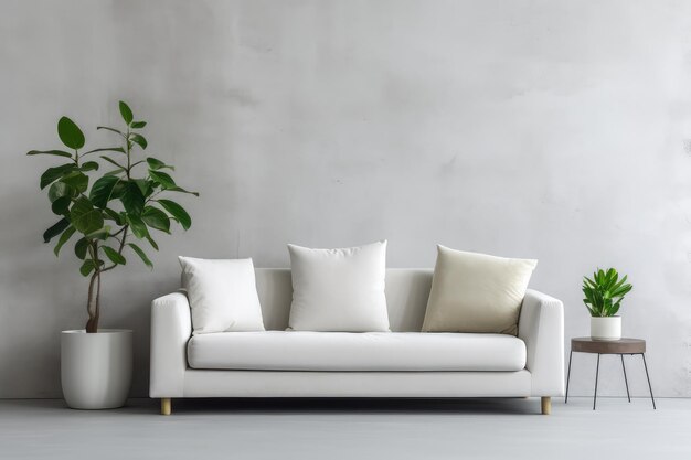 Фото Белый диван и комнатное растение в горшке на бетонной стене