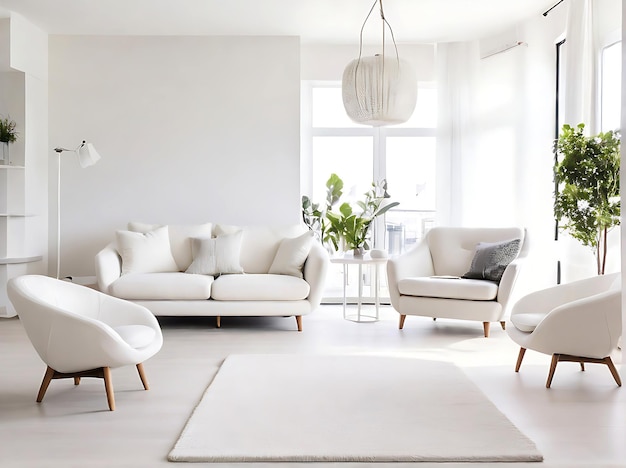 White sofa and armchairs in Scandinavian style home interior design of modern living room