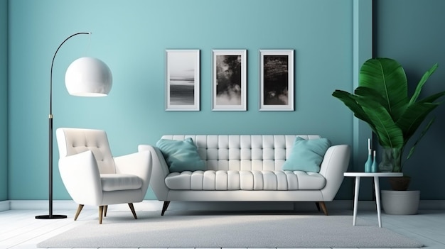 White sofa and blue armchair in living room with posters on the wall generative ai