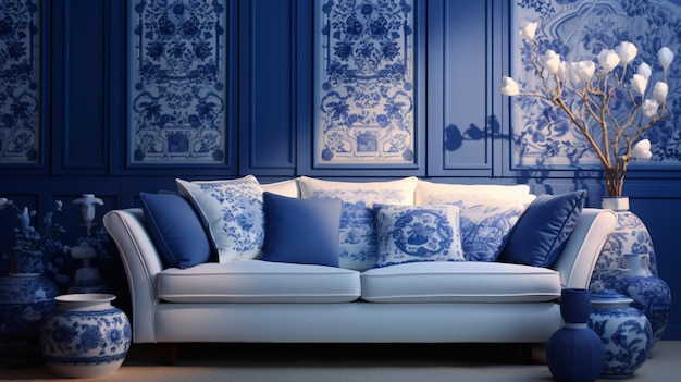 White sofa among blue motifs pottery near patterned