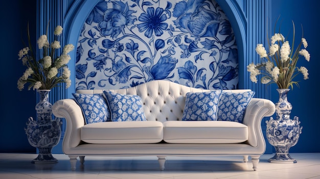 White sofa among blue motifs pottery near patterned
