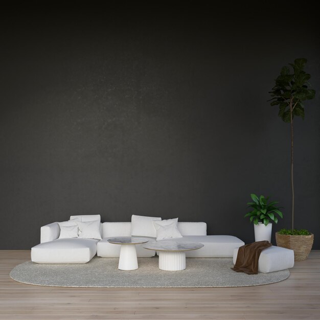 White sofa and cozy table near black wall background Scandinavian home interior