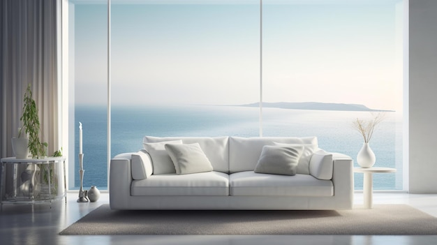 A white sofa in front of a blue sea.