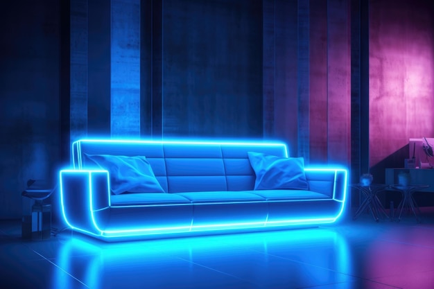 White sofa indoors with white neon lighting