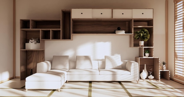 Белый диван японский на комнате японский тропический дизайн и татами пол3D рендеринг