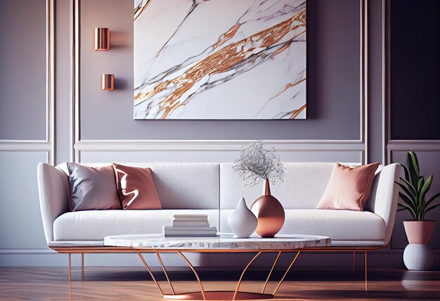 White sofa marble accent wall and rose gold coffee tableGenerative AI