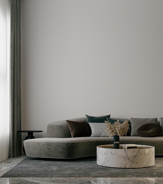 회색 벽에 대한  소파와 현대적인 커피 테이블 스칸디나비아 보호 가정 인테리어 디자인