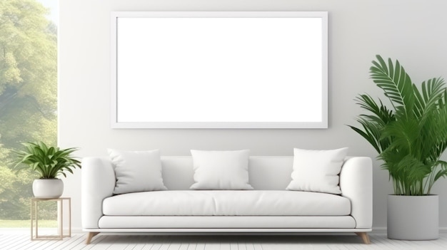 벽 포스터 모형에 빈 포스터가 있는 현대적인 거실의 흰색 소파