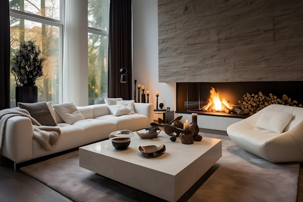 暖炉の近くの白いソファ AI が生成したモダンなリビング ルームのインテリア デザイン