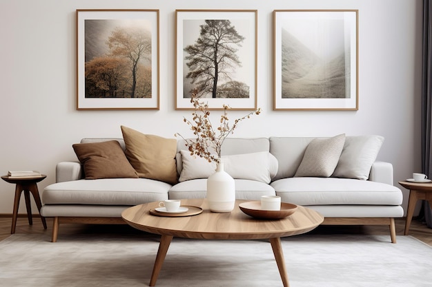 White sofa and round wooden table against white walls and poster frame Scandinavian style