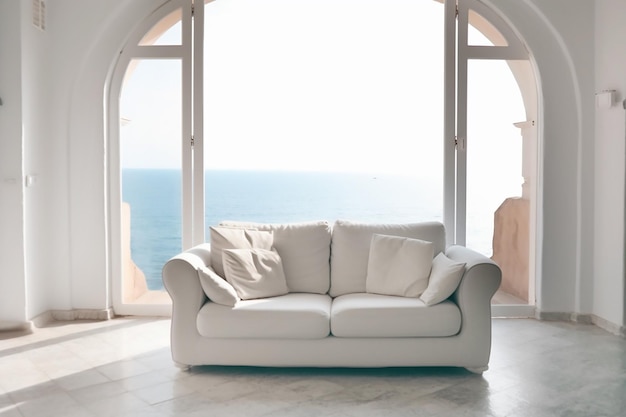 White sofa in a white interior with sea views copy space for text Generative AI