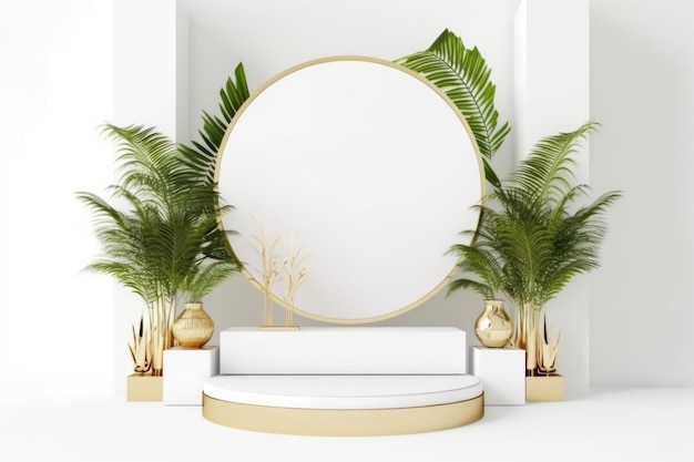 Белый диван в белой комнате с круглым зеркалом и растениями посередине.