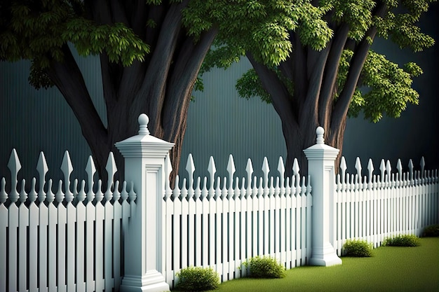 Photo white solid picket fence behind which are trees