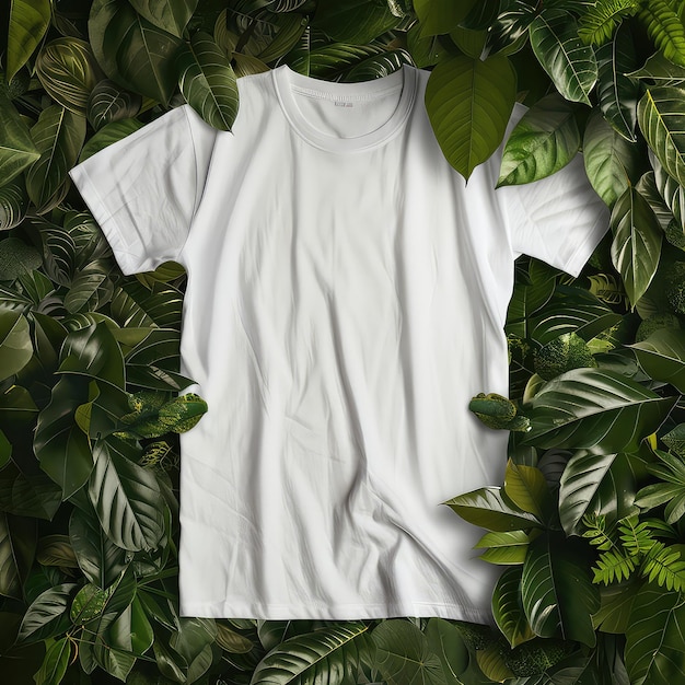 Photo white solid t shirt no tags mockup back of bella canva shirt lay flat on floor showing back of shirt dark background ultra realistic mockup green nature decorations