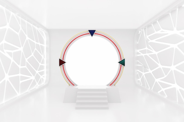 White Space Gate Portal to Another Worlds and Universe in Illuminated Empty Open Space Corridor or Room Interior 3d Rendering