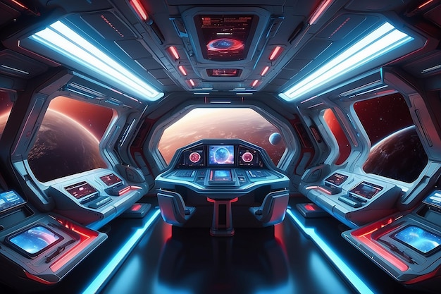 Photo white spaceship interior futuristic craft with earth view glowing lights control panels 3d rendering