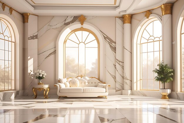 White Spacious Marble Luxury Interior Room with Sunny Window Generate Ai