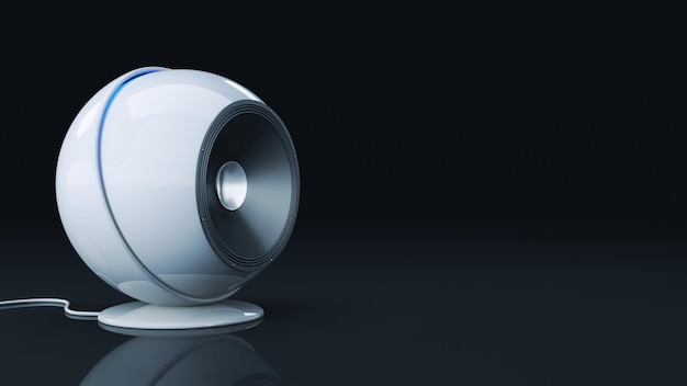 A white speaker with blue and white stripes on the bottom.