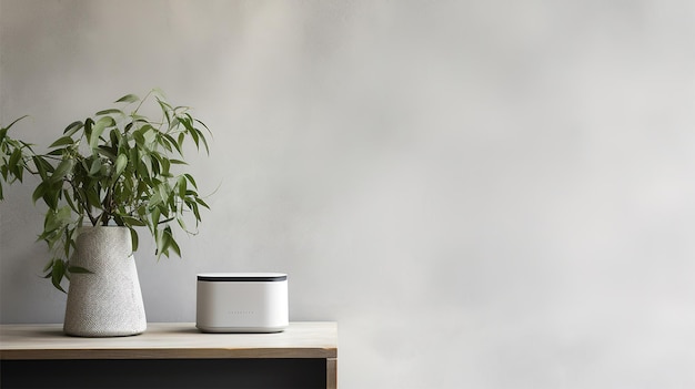 A white speaker with a green plant on the side