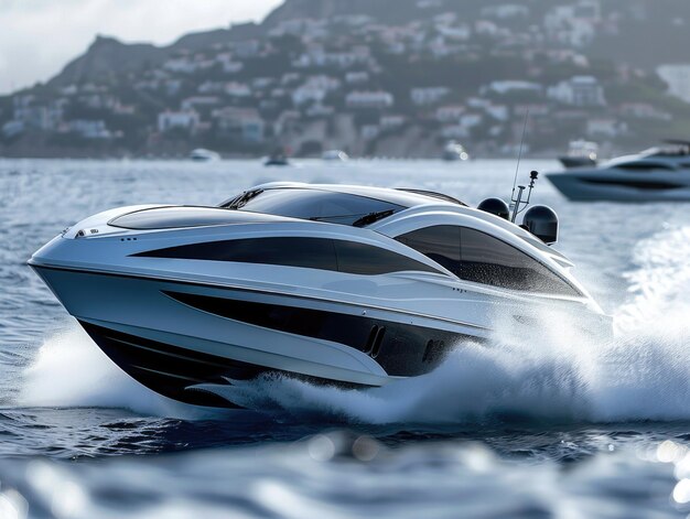 Photo white speedboats sailing in the sea