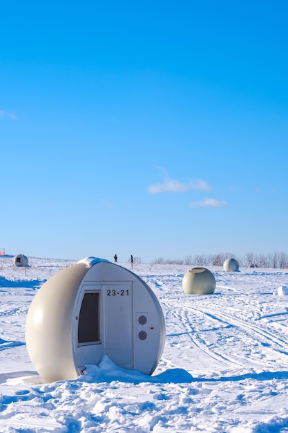 White spheres for biogaz collection in Frederic Back park on a winter day in Montreal, Quebec