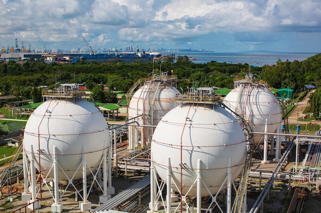 White spherical propane tanks containing fuel gas industry