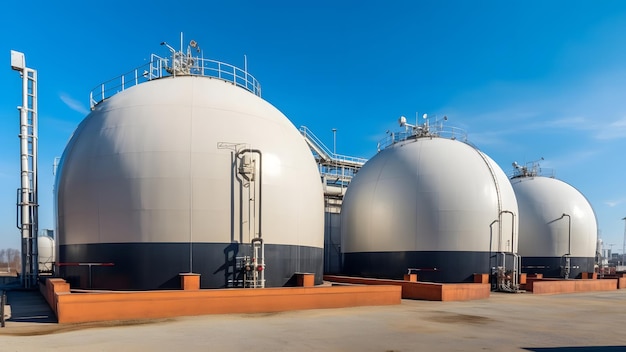 White spherical tanks for storing hydrogen gas at outdoor storage facility neural network generated image