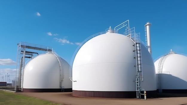 White spherical tanks for storing hydrogen gas at outdoor storage facility neural network generated in may 2023 not based on any actual person scene or pattern