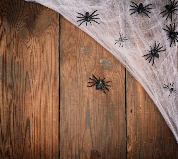 White spider web with black spiders on a wooden background from old boards