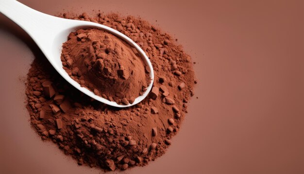 A white spoon filled with chocolate powder