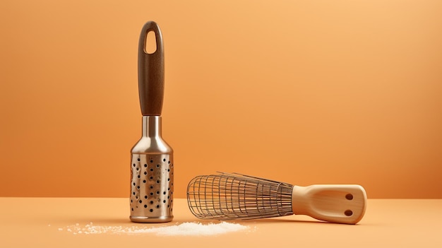 a white spoon with a measuring cup and a whisk on a yellow background cooking concept