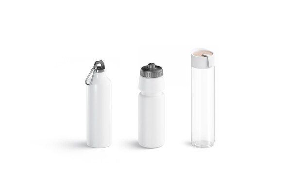 Tipi di bottiglie sportive bianche impostano mockup. varietà di contenitori trasparenti per l'acqua mock up.