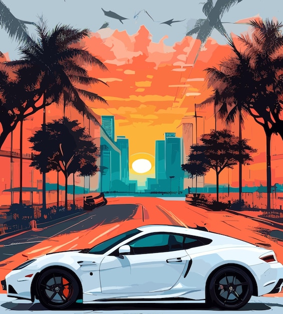 White sport car with sunset illustrations