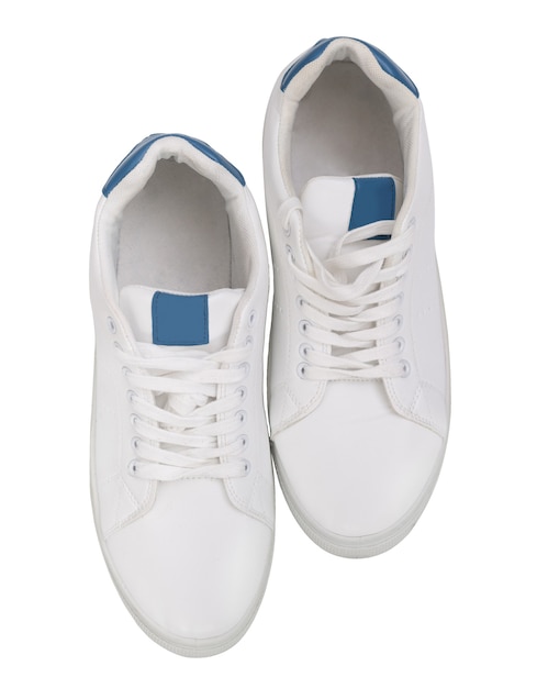 White sport shoes with blue decoration isolated on white background, cutout