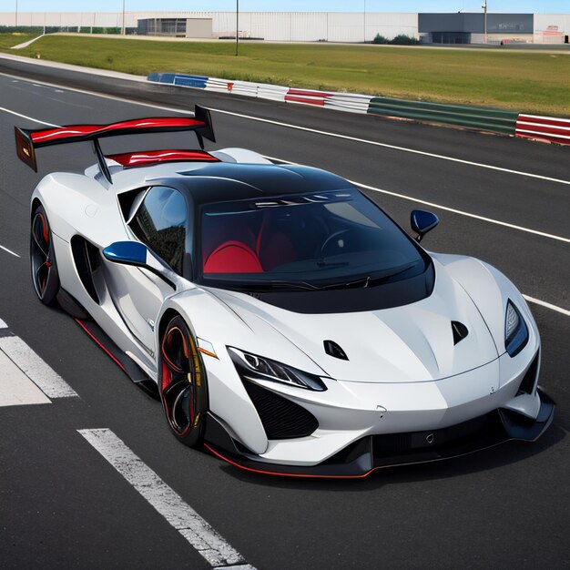 a white sports car driving on a race track with a red roof and a red stripe on the front of the car