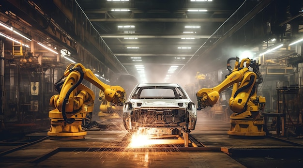 A white sports car is being assembled in a factory.