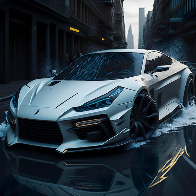 A white sports car is driving through a wet city street.