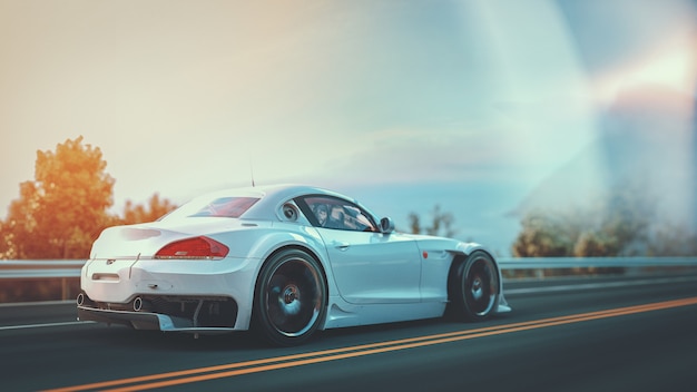 White sports car on the road. 