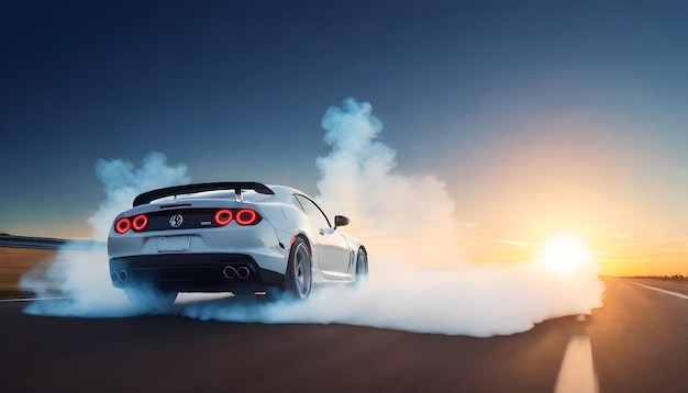 White sports car with smoke around the tires speeding on a road at sunset