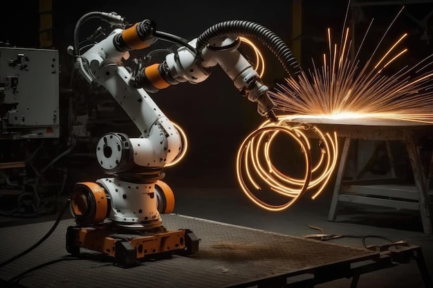 White spot welding robot with its arm moving in precise and controlled movements